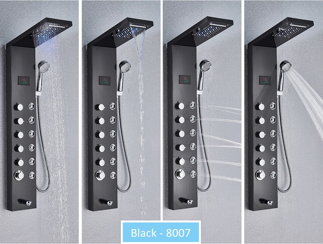 LED Shower Panel Tower System Rain Waterfall Shower Column Hydroelectricity LCD Display With Massage Body Spa Bath Shower Faucet