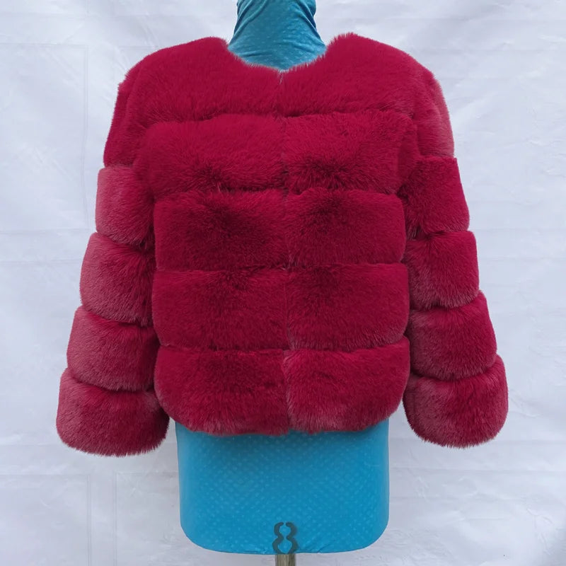Women's Faux Fur Jacket . Plush Cropped Winter Coat with High Collar