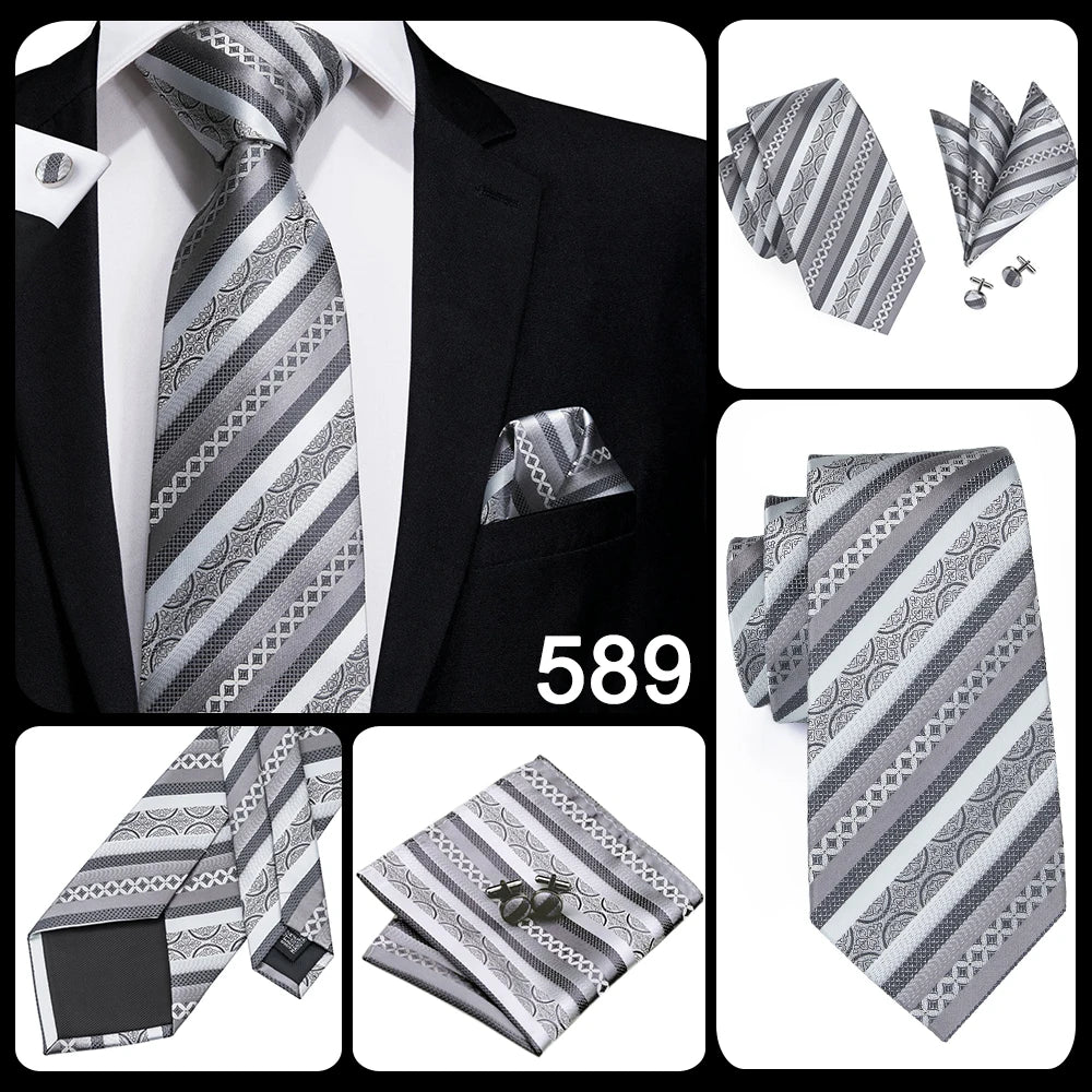 Hi-Tie Luxury Silver Men’s Necktie Set with Pocket Square & Cufflinks | Wedding, Business & Formal Events