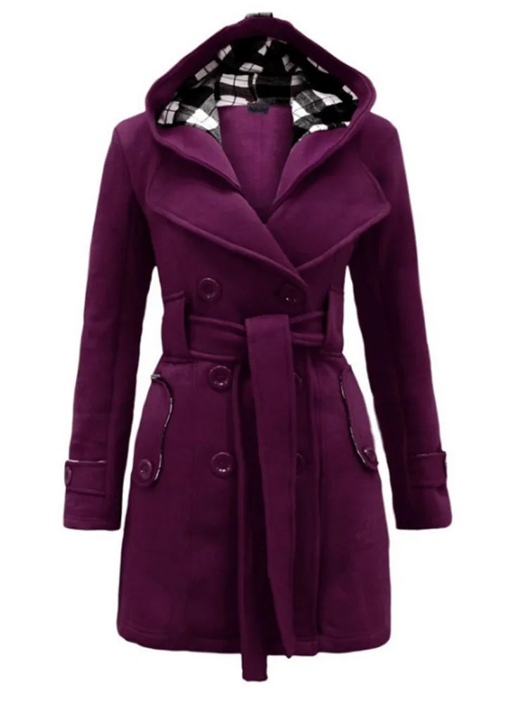 Women's Long Fleece-Lined Hooded Coat. Belted Winter Jacket with Faux Fur Trim