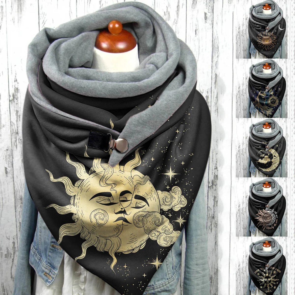 Women’s Gothic Sun & Moon Print Winter Scarf – Warm Oversized Shawl Wrap
