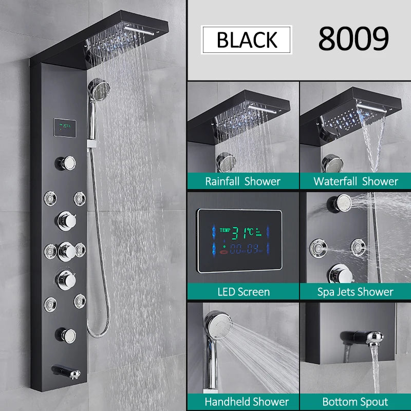 LED Shower Panel Tower System Rain Waterfall Shower Column Hydroelectricity LCD Display With Massage Body Spa Bath Shower Faucet