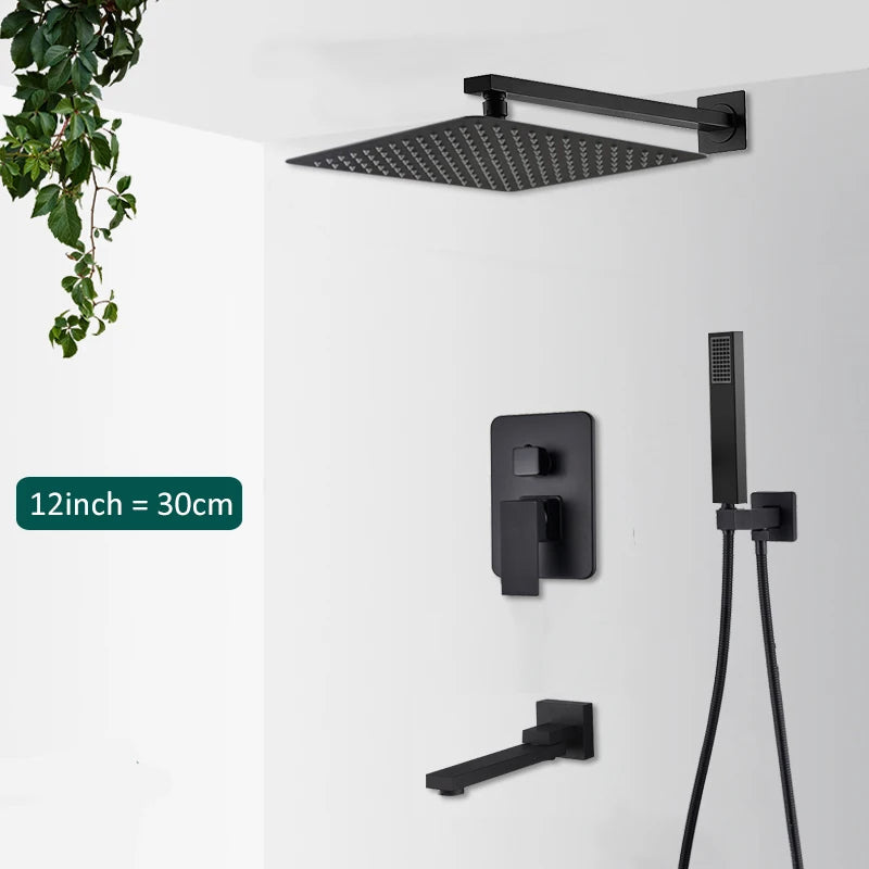 Black Concealed Shower System With Rainfall Tub Spout