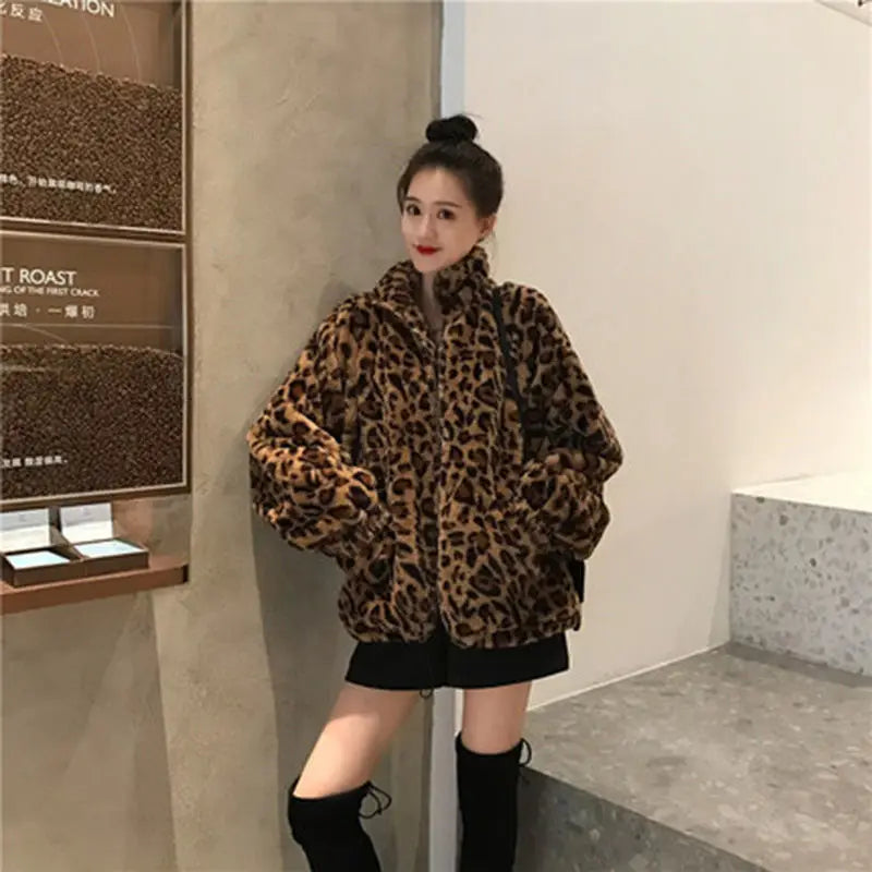 Women's Leopard Print Puffer Jacket – Warm Quilted Winter Coat with Stand Collar