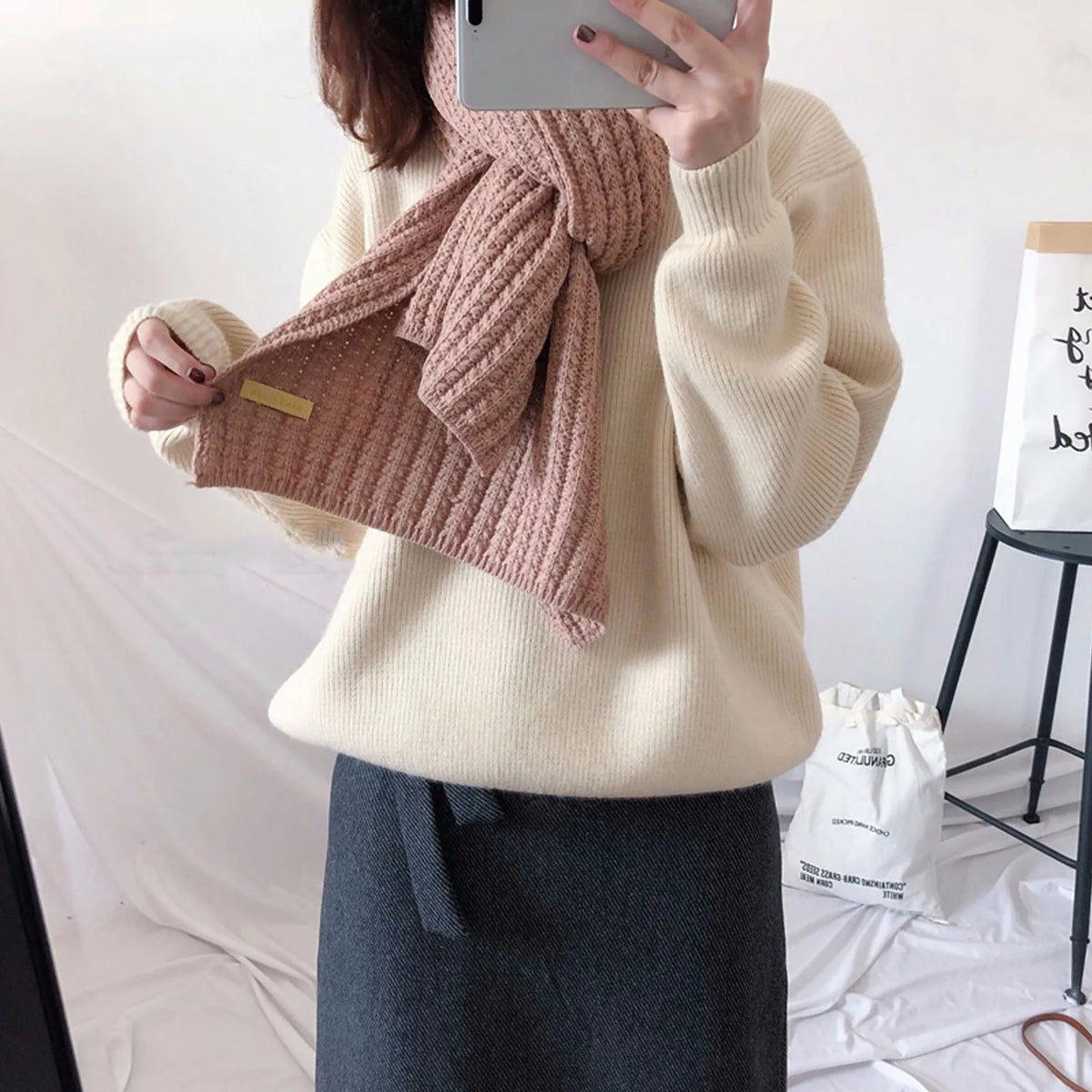 Women’s Knitted Winter Scarf – Warm Ribbed Long Wrap with Fringe