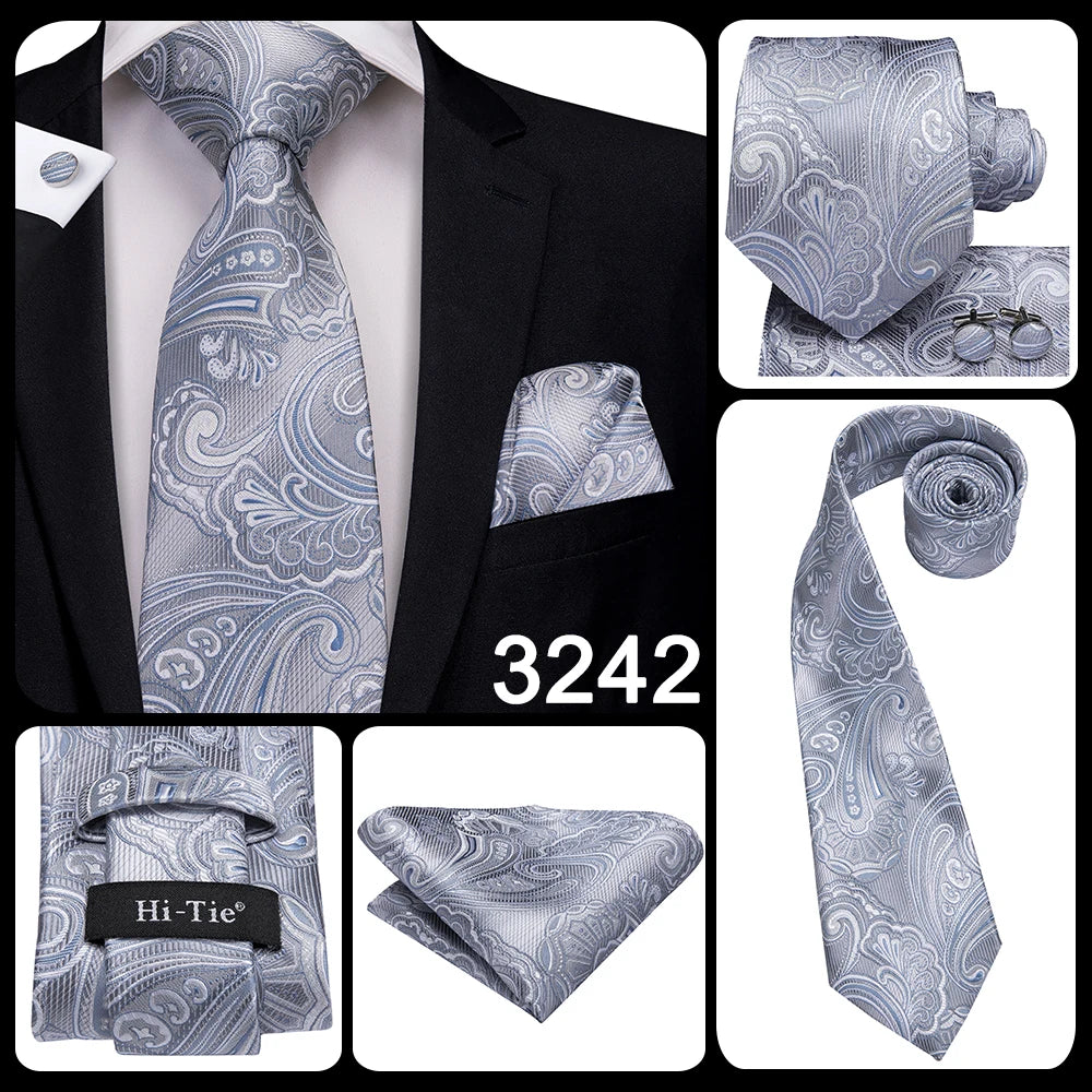 Hi-Tie Luxury Silver Men’s Necktie Set with Pocket Square & Cufflinks | Wedding, Business & Formal Events