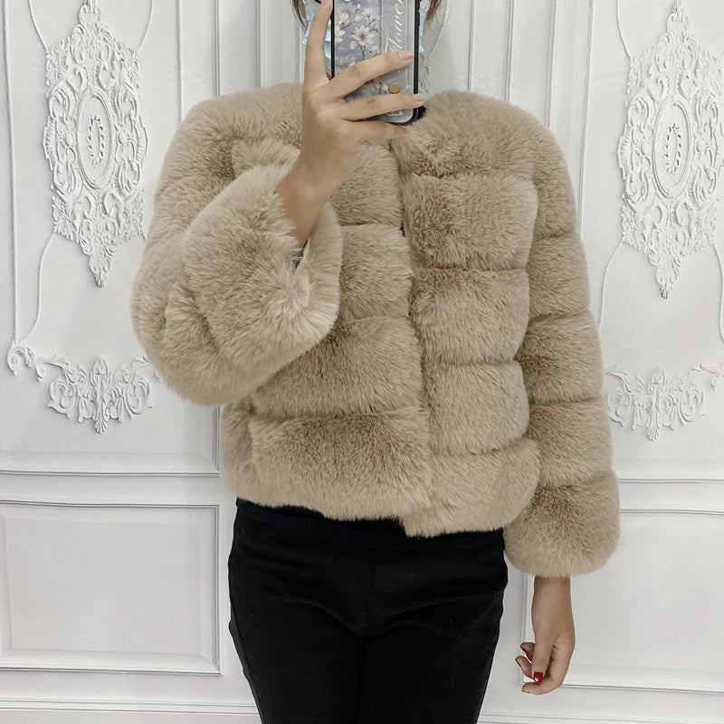 Women's Faux Fur Jacket . Plush Cropped Winter Coat with High Collar