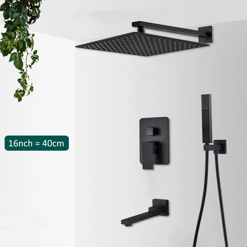 Black Concealed Shower System With Tub Spout In Wall Mount