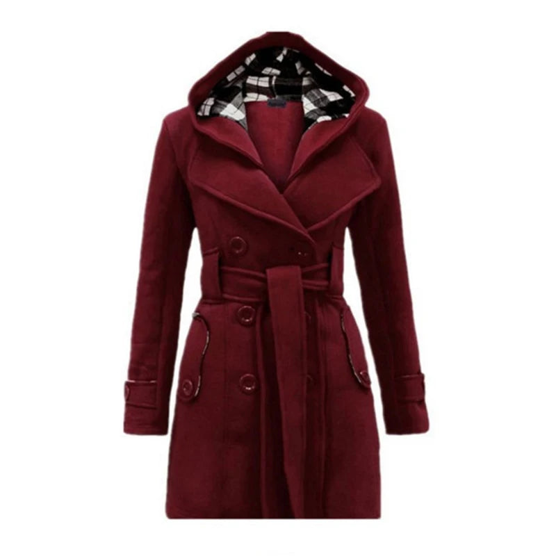 Women's Long Fleece-Lined Hooded Coat. Belted Winter Jacket with Faux Fur Trim