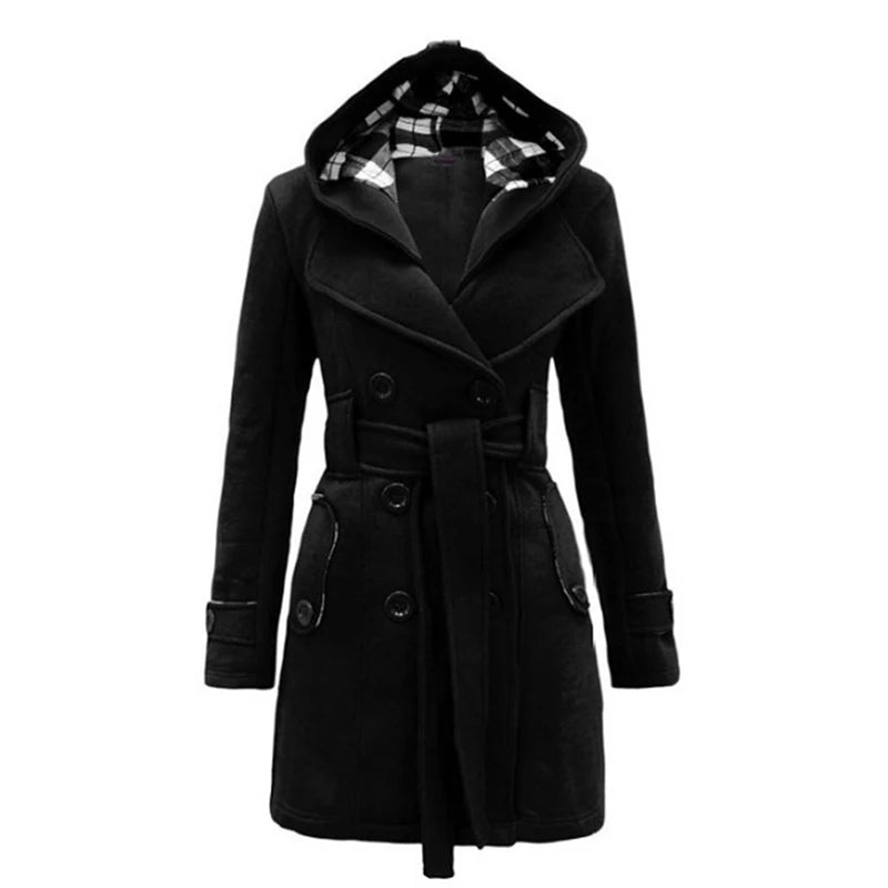 Women's Long Fleece-Lined Hooded Coat. Belted Winter Jacket with Faux Fur Trim