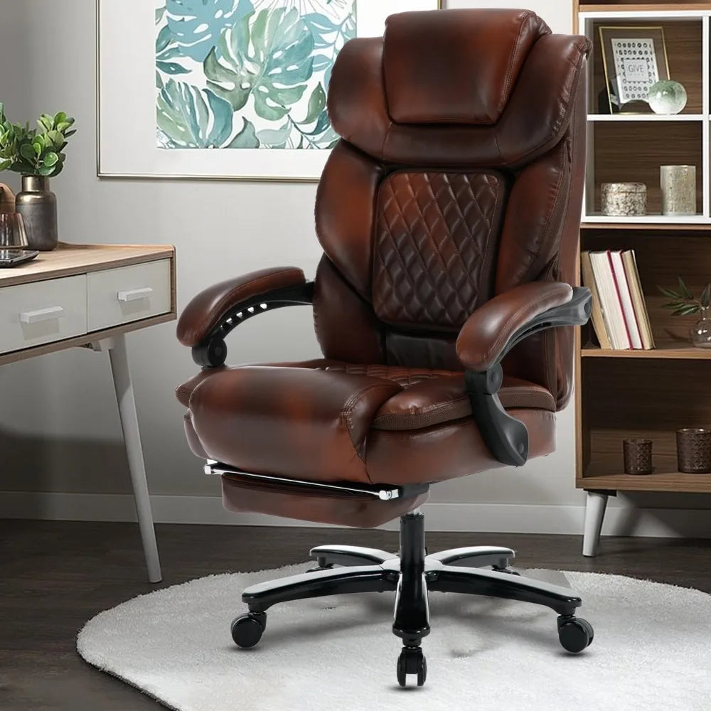 450lbs Big Tall Reclining Office Chairs with Foot Rest Back Support Ergonomic Wide Seat Recliner Desk Chair Brown Leather Execut