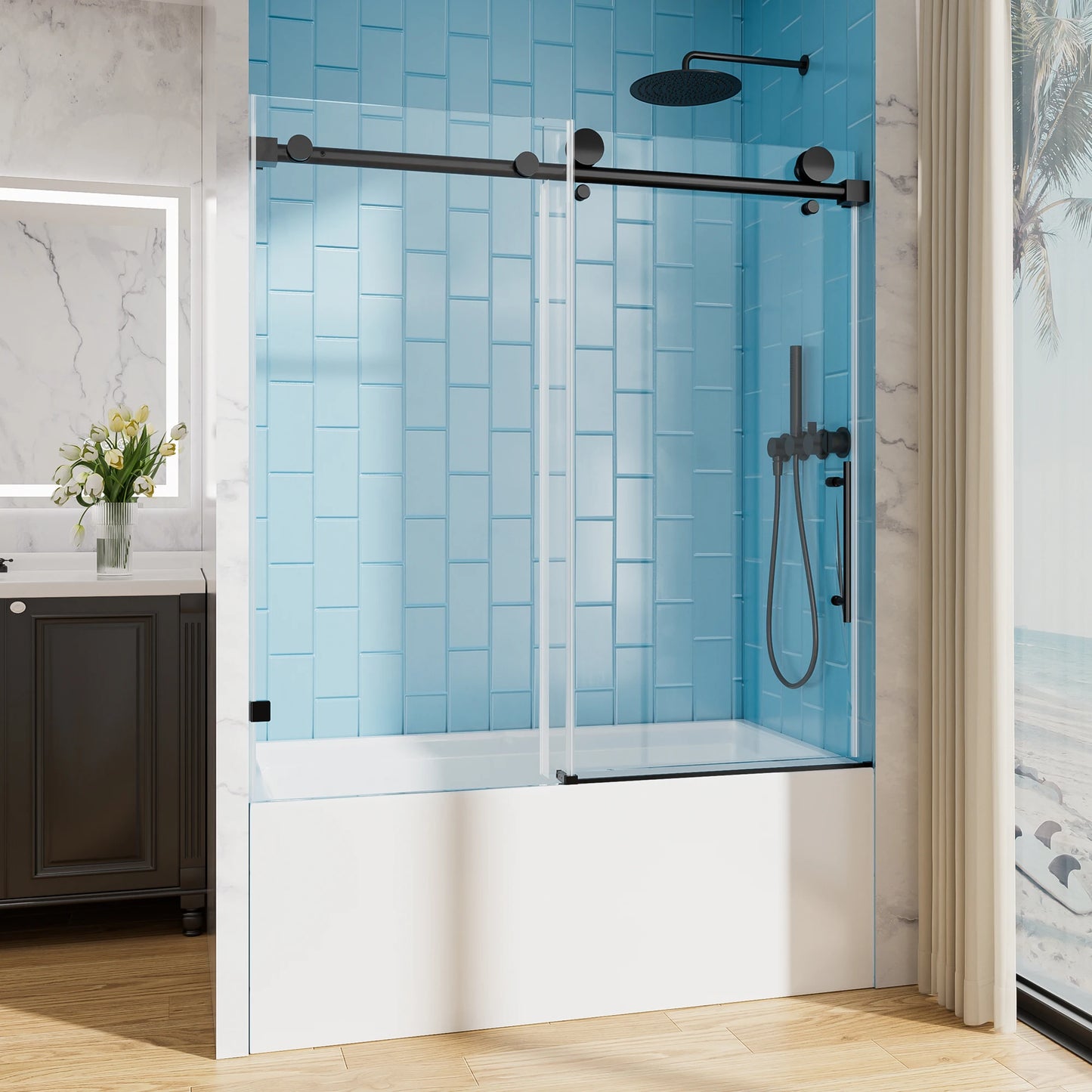56-60x60 Matte Black Sliding Shower Door 8mm Tempered Glass