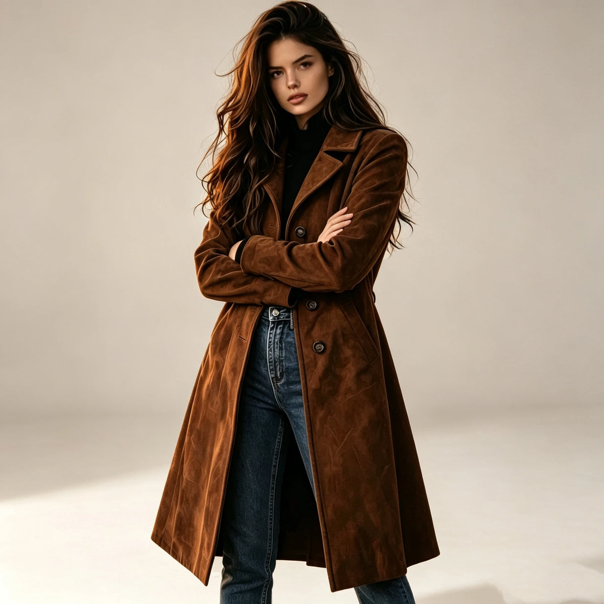 Women's Mid-Length Suede Coat. Elegant Collared Autumn & Winter Jacket