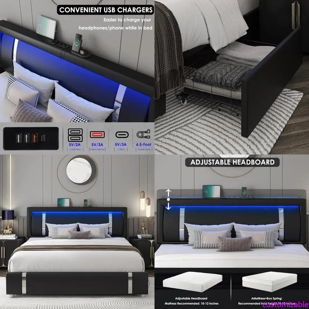 "contemporary rgb led-lit faux leather bed frame with storage drawers and smart platform design"