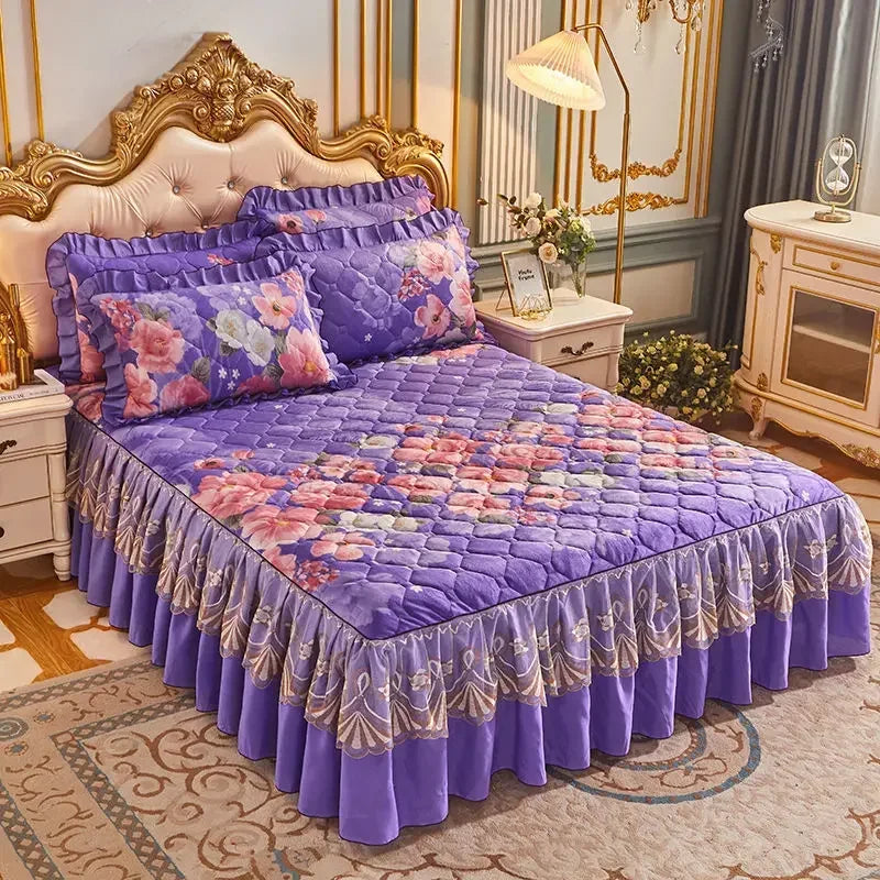 Luxury European Velvet Quilted Bed Skirt Set