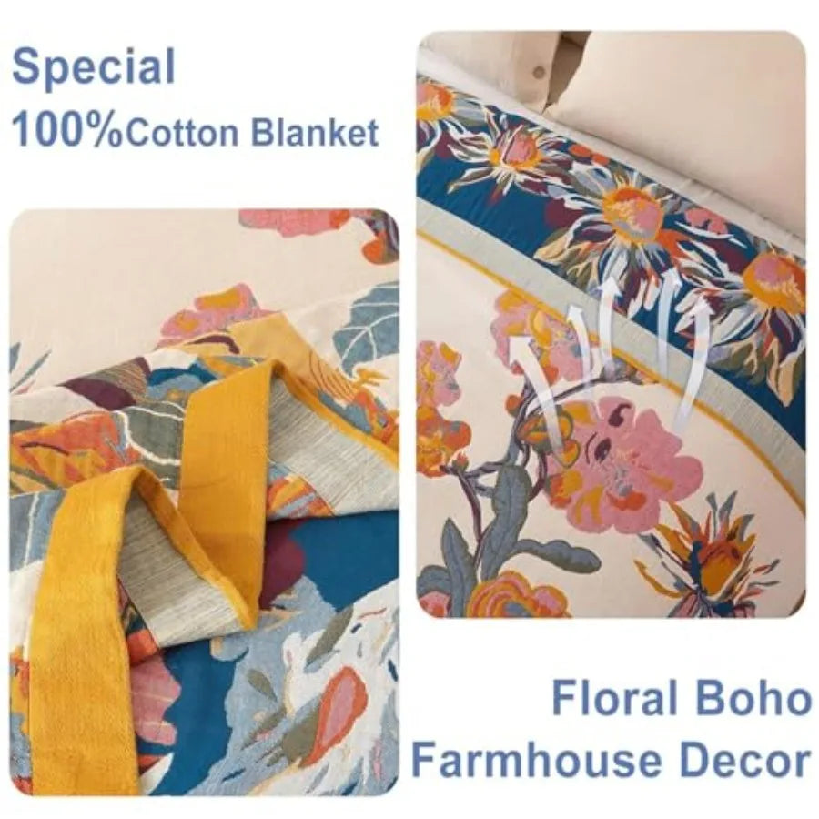 Boho Throw Blanket - 100% Cotton Soft Summer Throw Blanket for Bed, 50"x60" Reversible Breathable Lightweight Blankets, All Sea