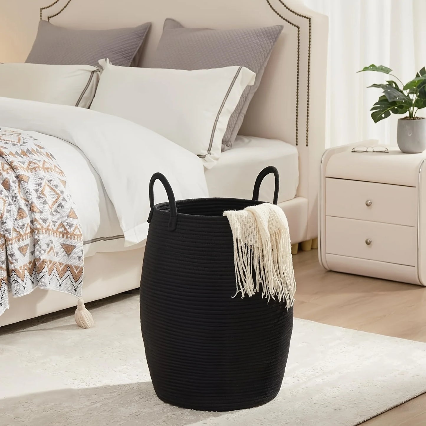 Foldable Boho Laundry Basket . 22” Tall Fabric Hamper with Handles for Clothes, Blankets & Toy Storage