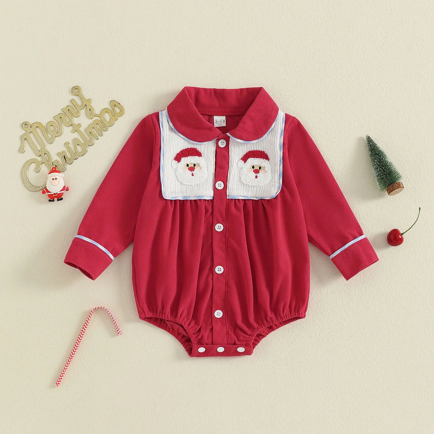 Christmas Baby Romper with Santa and Candy Cane Embroidery Long Sleeve Design Doll Collar and Button Down Closure for a
