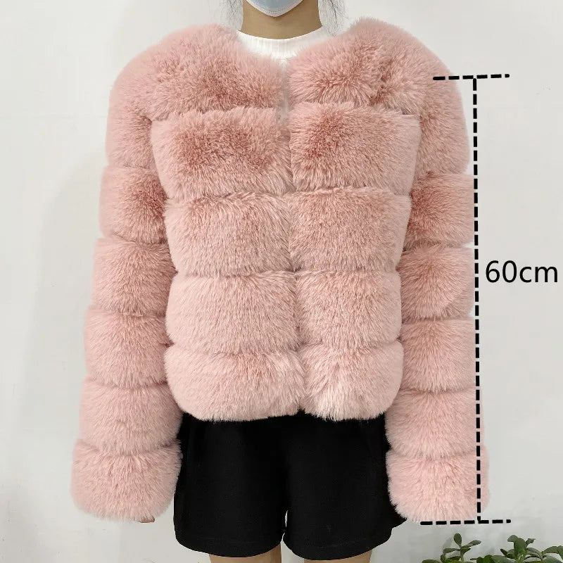 Women's Faux Fur Jacket . Plush Cropped Winter Coat with High Collar