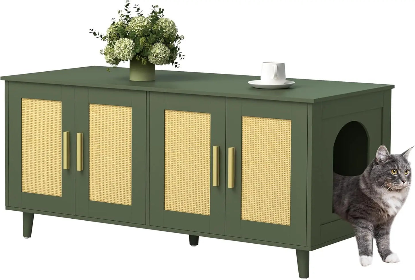 Homhedy Boho Cat Litter Box Enclosure for 2 Cats Litter Box Furniture Hidden with Double Rattan Decorated Doors,Wooden Cat