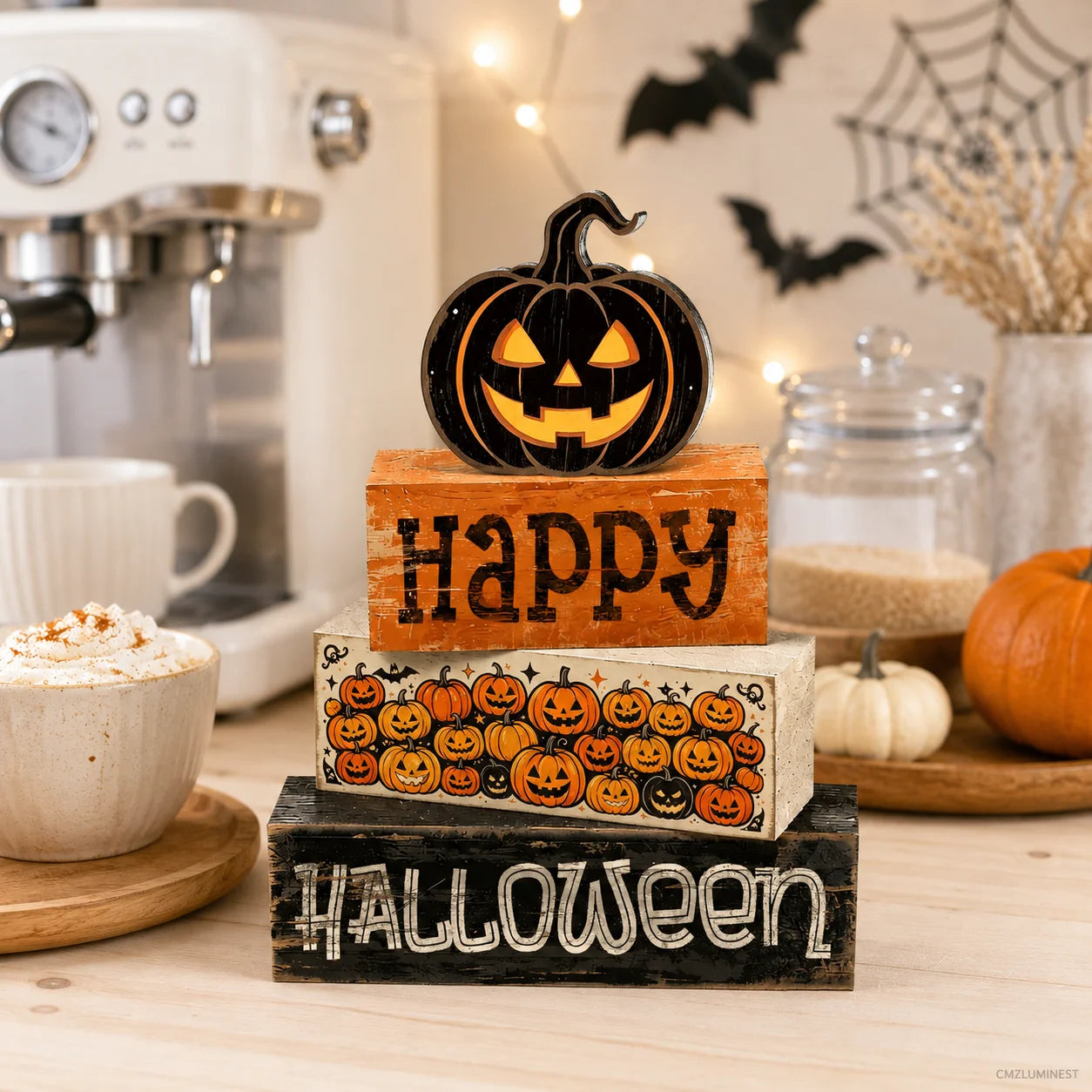 4-Piece Halloween Tiered Tray Décor Set . Rustic Farmhouse Wooden Signs for Halloween Home, Kitchen & Coffee Bar Decorations