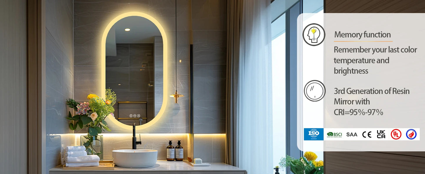 Backlit Smart LED Bathroom Mirror: Oval Dimmable 3 Colors Anti-Fog Mirrors with Light Memory - IP65 CRI95 Large Wall Mounted