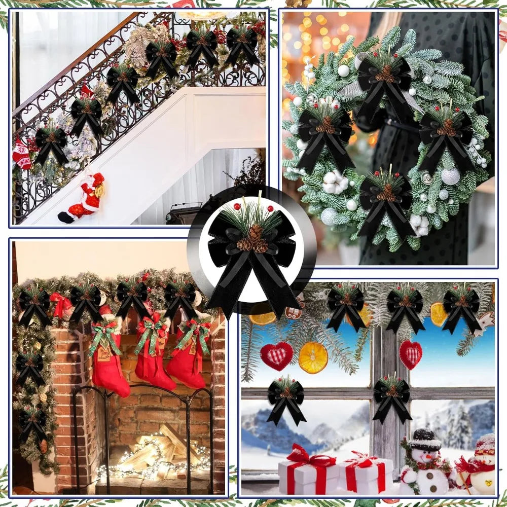 6 Pcs Christmas Bows with Pine Cones Pine Needles Black Xmas Velvet Bows Elegant Ribbon Christmas Tree Wreath Decoration for Xm