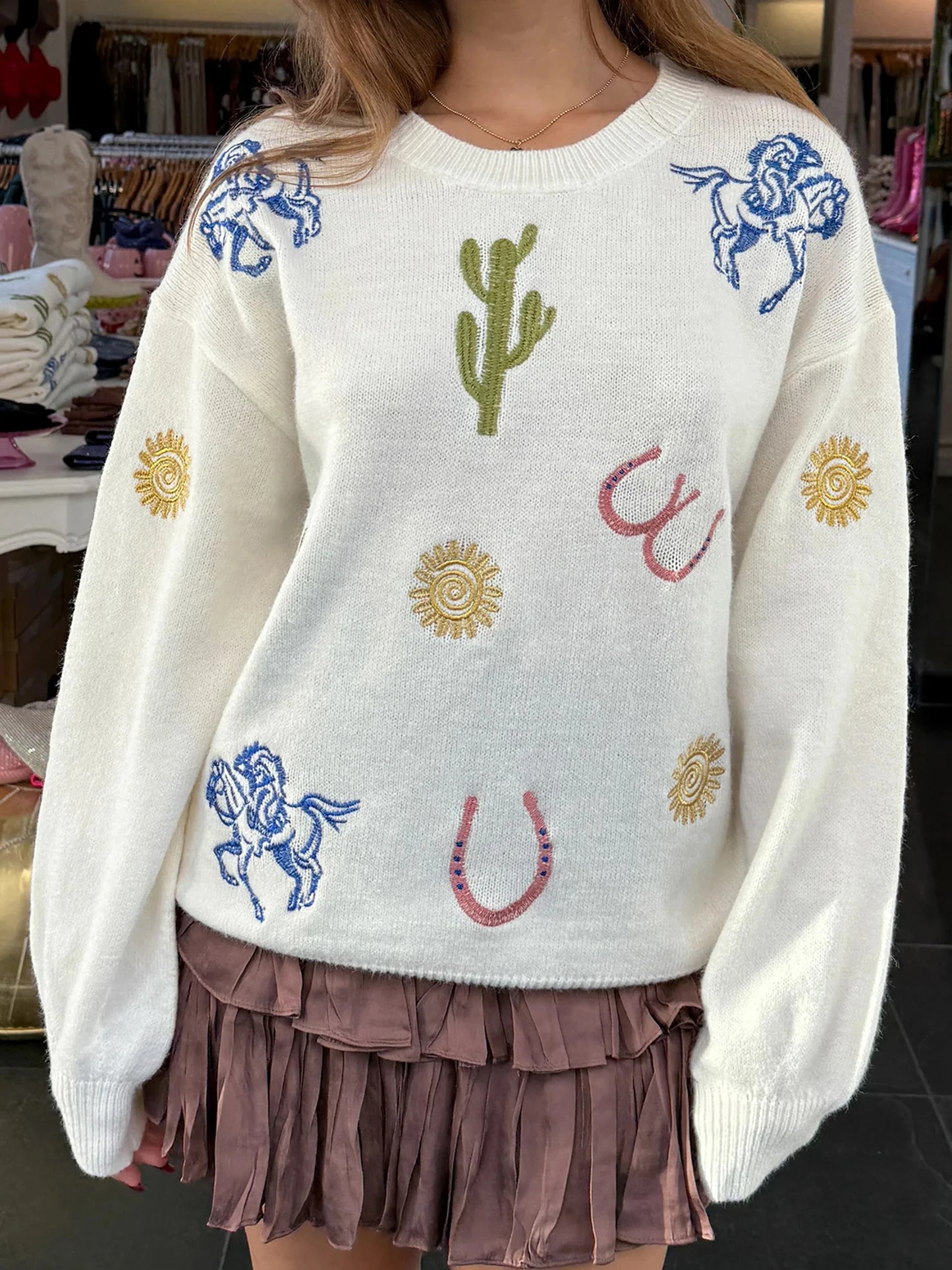 Women s Winter Cozy Sweater Floral Embroidery Long Sleeve V-Neck Knitwear Pullover with Pom Pom Detail