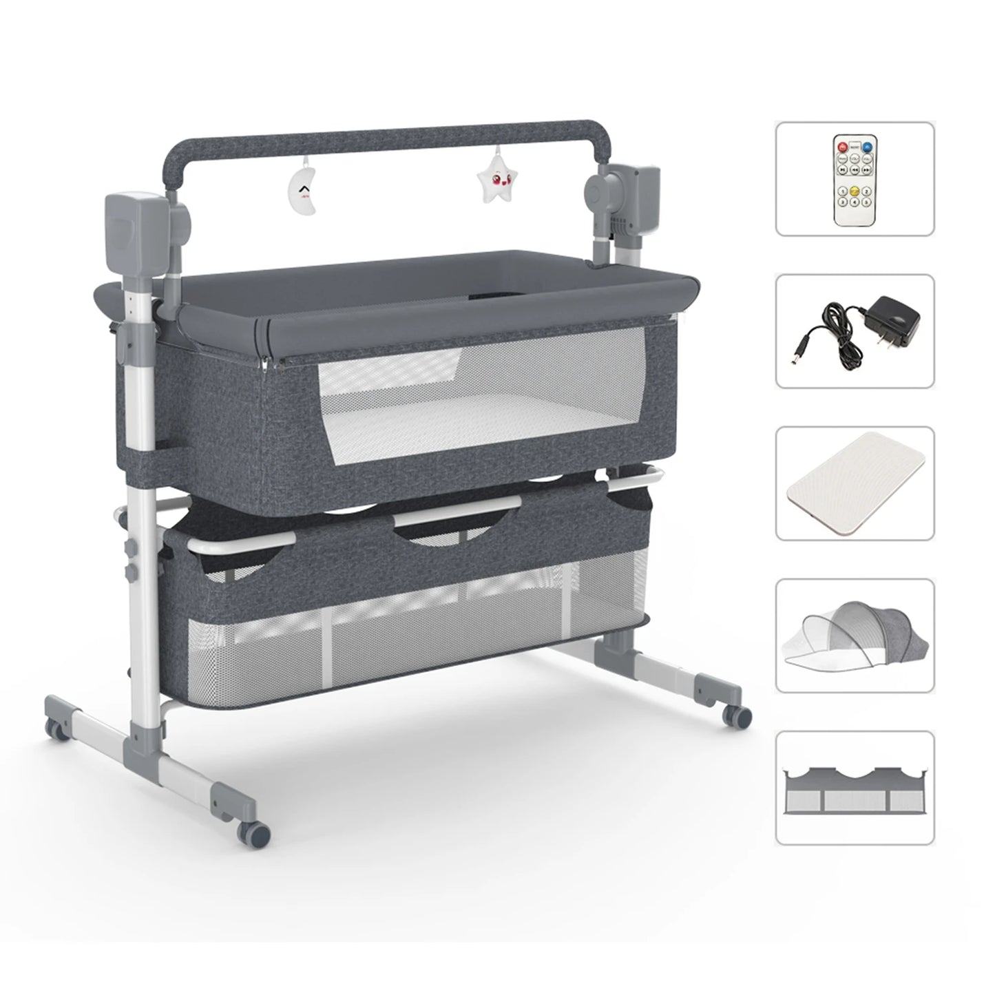 5-in-1 Portable Baby Bassinet with Changing Table, Bedside Sleeper, Storage Shelf & Wheels
