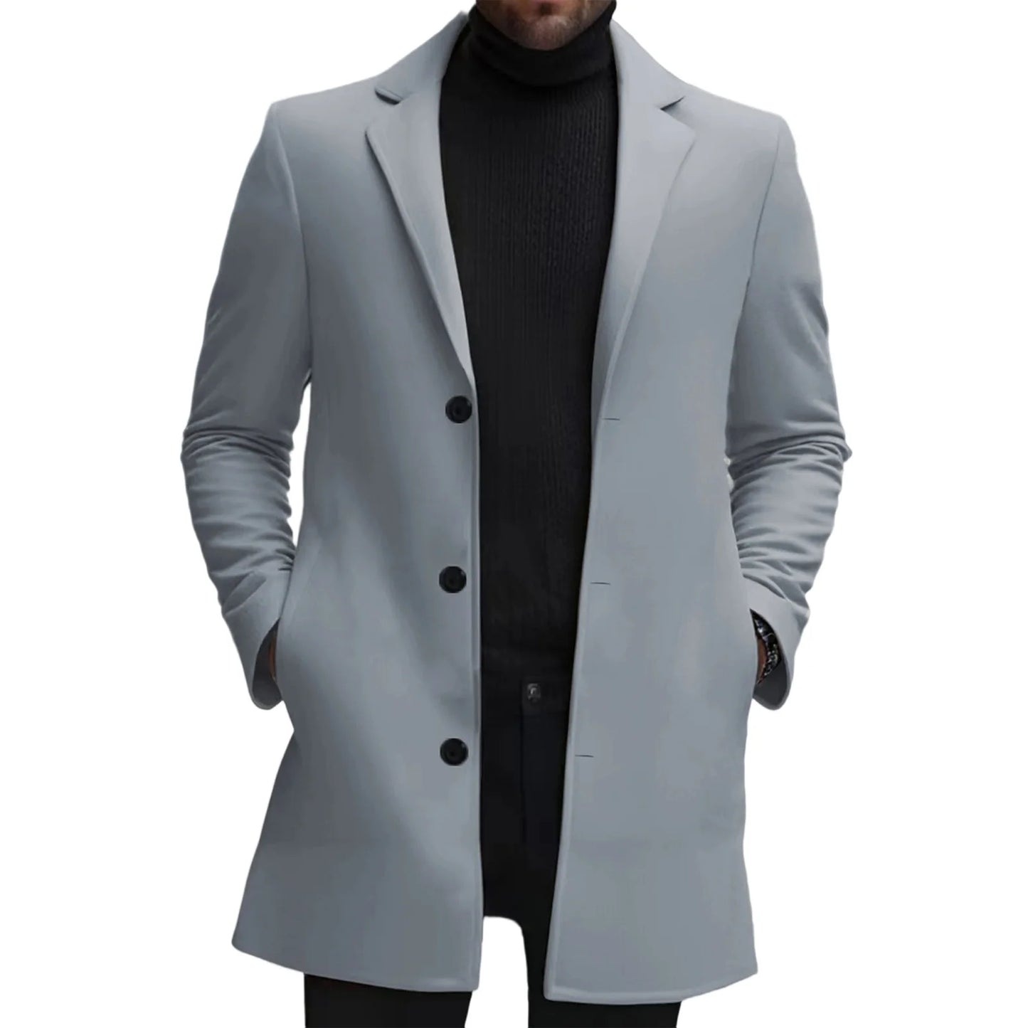 Men s Classic Wool Blend Pea Coat with Notched Lapel Collar and Single Button Closure - Stylish Mid-Length Winter Jacket for