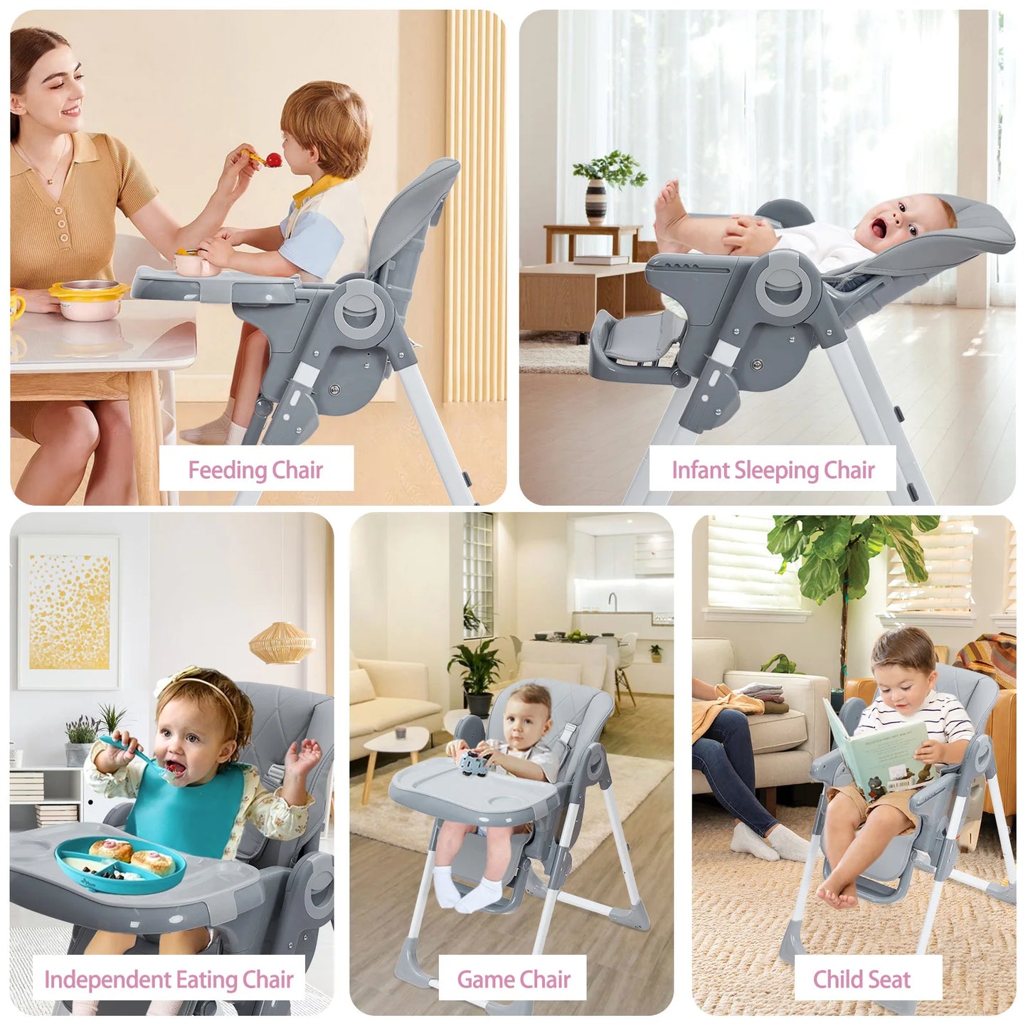 Multifunction Baby High Chair with Adjustable Height, Reclining Seat & Feeding Tray
