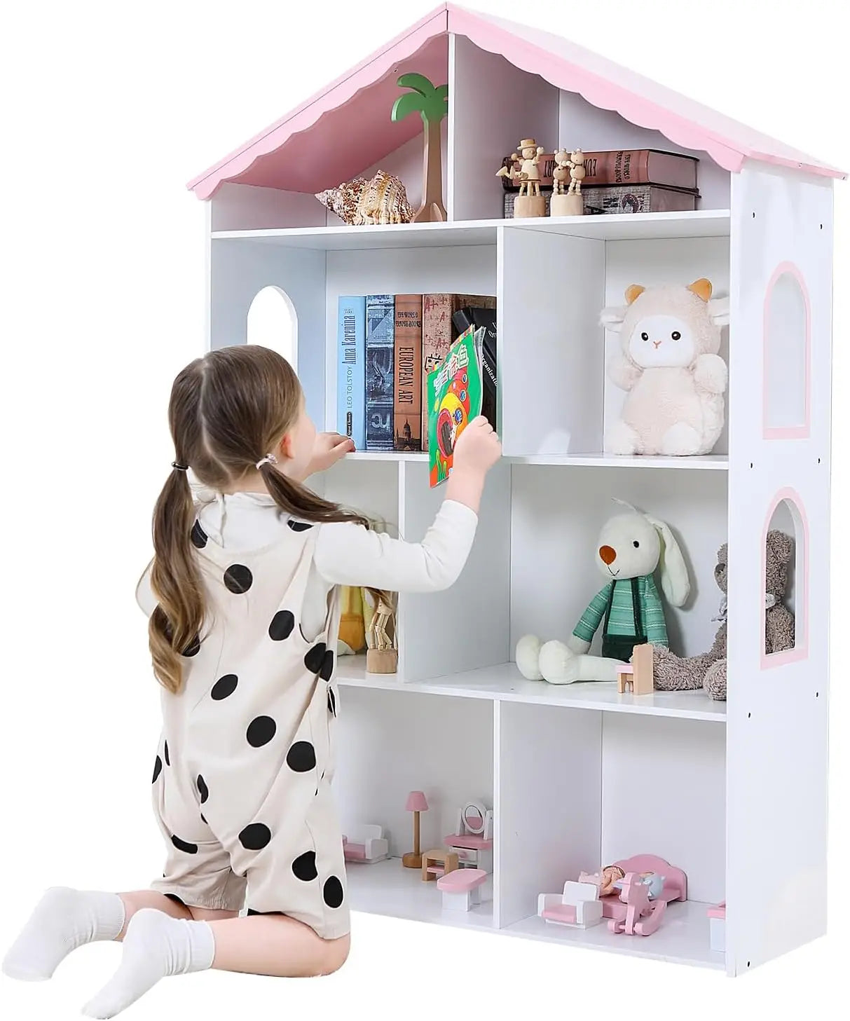 Wooden Dollhouse Bookshelf 4-Tier Children's Bookcase Display Storage Doll House Organizer Furniture for Kids Bedroom Playroom N