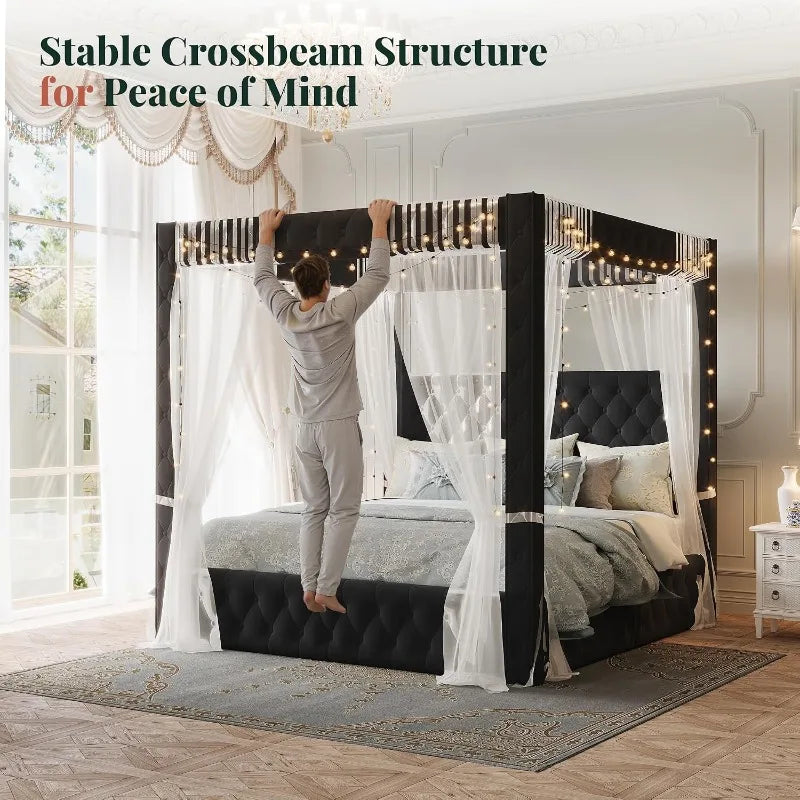 Velvet Upholstered Canopy Bed Frame with Padded Headboard