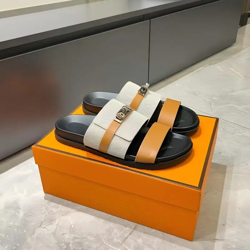 Luxury Women’s Leather Buckle Slide Sandals