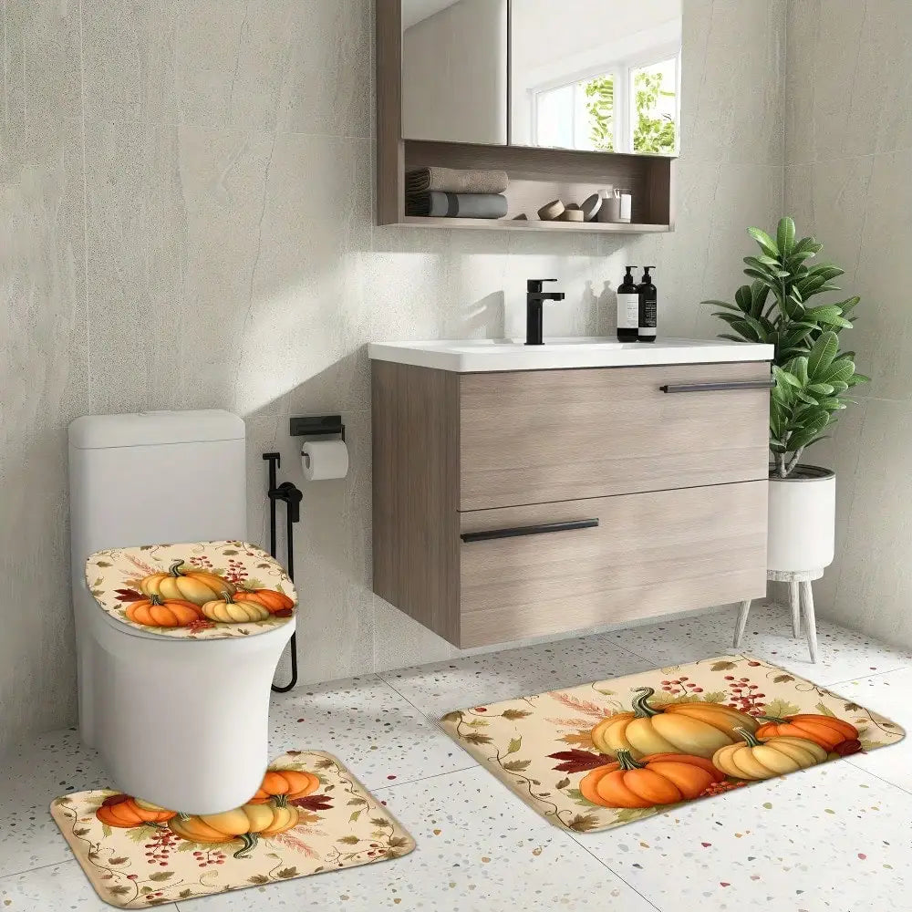 4-Piece Fall Pumpkin Shower Curtain Set – Thanksgiving Bathroom Décor with Bath Mat, Toilet Lid Cover & Rug