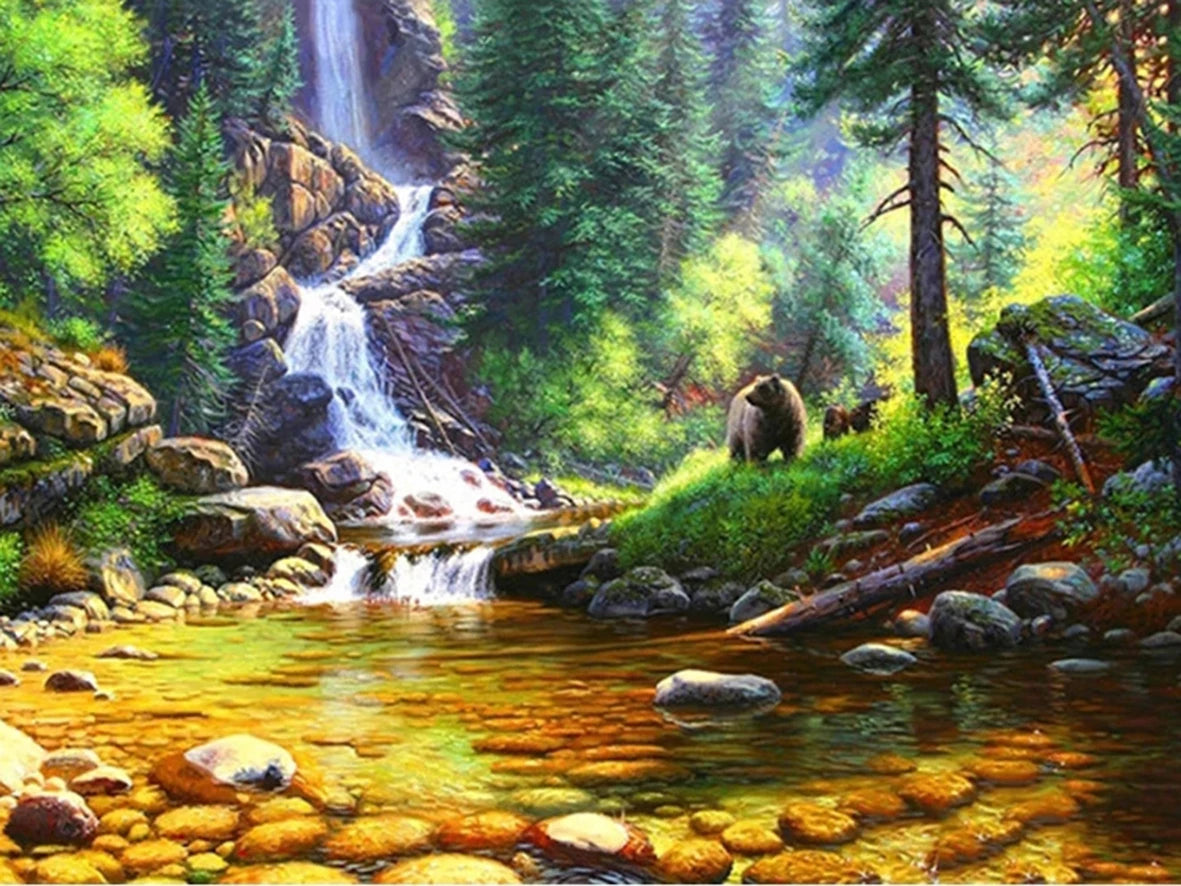 DIY Paint by Numbers Mountain Waterfall Landscape Canvas Kit. Adult & Kids Acrylic Painting Craft Home Wall Decor Gift