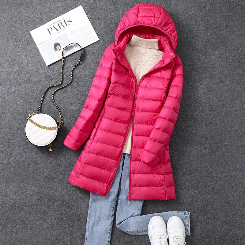 Women's Long Hooded Puffer Jacket – Lightweight Quilted Winter Coat with Detachable Hood