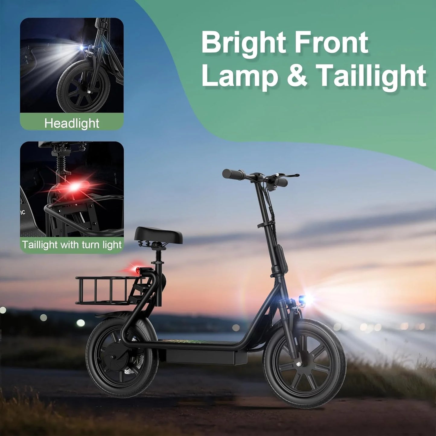 500W Electric Scooter with Seat  Folding Commuter E-Scooter for Adults, 22 MPH Top Speed & Long-Range Battery