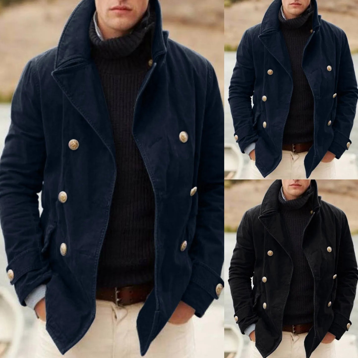 Men’s Classic Double Breasted Wool Blend Peacoat Jacket