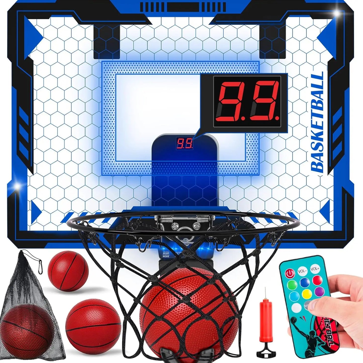 Remote Control LED Basketball Hoop with Scoreboard, Balls, Pump & Bag - Indoor Sport Toy for Kids