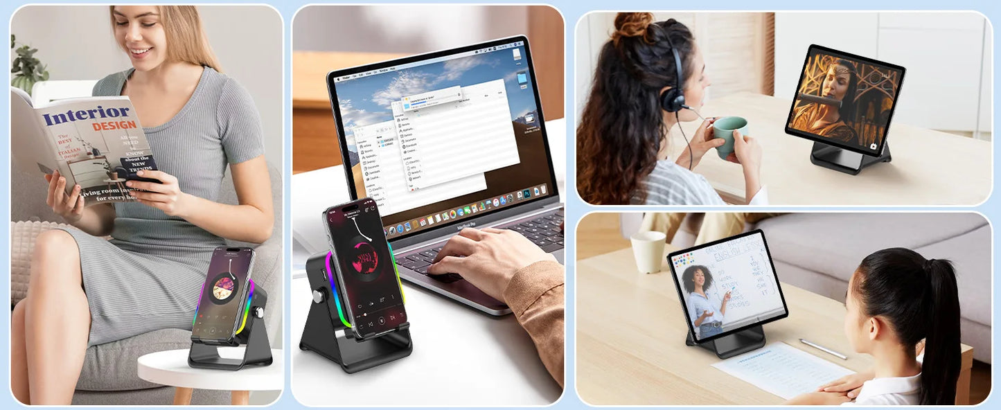 5-in-1 Wireless Charging Speaker Phone Stand with RGB Light and Bluetooth Audio
