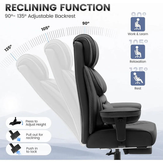 Office Desk Chair, Big and Tall Leather Gaming Chair with Footrest, Wide Ergonomic Comfy Executive High-Back Reclining Computer