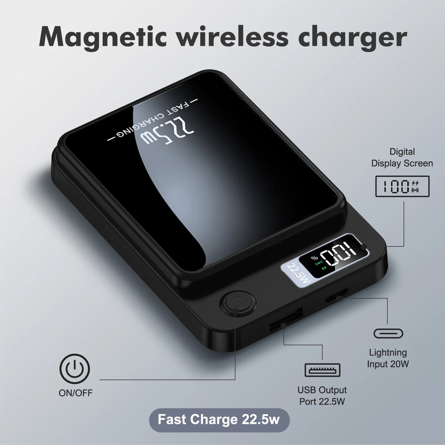 10000mAh Magnetic Wireless Power Bank, 2-in-1 Fast Charging Portable Charger with USB-C & MagSafe Compatible Battery Pack
