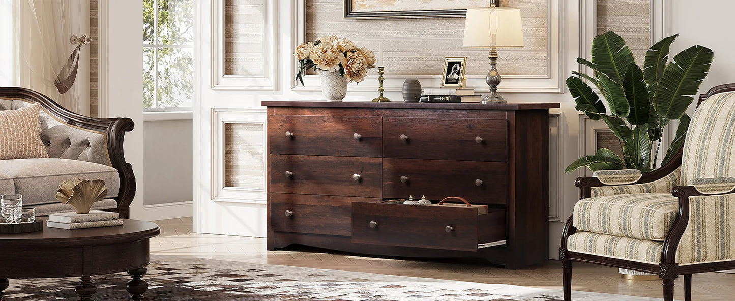 Wood Dresser with 6 Drawer Wide Chest of Drawers for Bedroom Long Nightstand with Drawers Modern Large Storage Tower Unit Closet