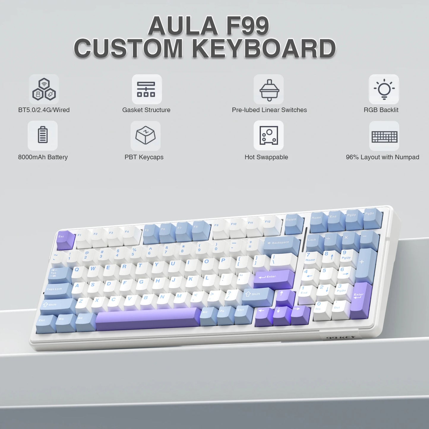 AULA F99 Wireless Mechanical Keyboard .Tri-Mode RGB Hot-Swappable Gaming Keyboard
