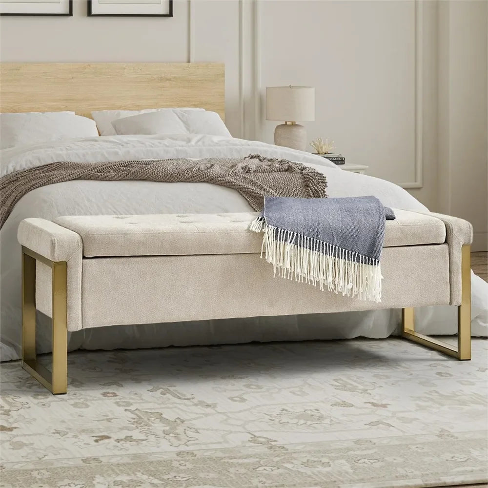 Modern Storage Ottoman Bedroom Bench, End of Bed Bench with Gold Metal Legs, Upholstered Footrest Stool for Living, Dining Room
