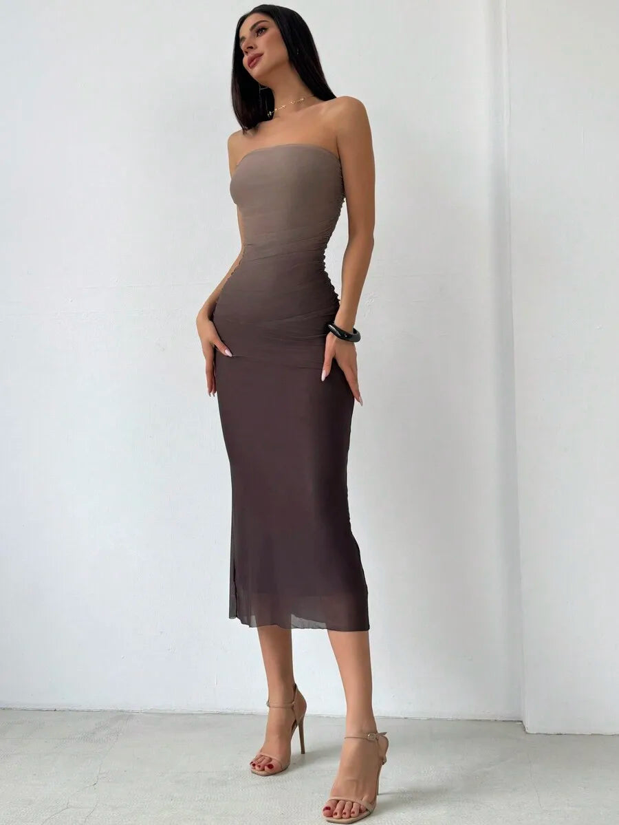 Gradient Strapless Bodycon Maxi Dress For Women Summer Elegant Party Dress