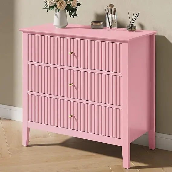 Green Fluted 3 Drawer Dresser, 32 inch Wide Dresser Nightstand for Bedroom, Modern Wood Chest of Drawers, Large Painted Nightst