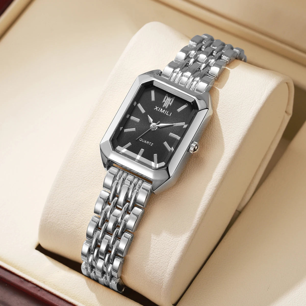 Elegant Women’s Rectangular Quartz Watch. Stainless Steel Bracelet Fashion Timepiece