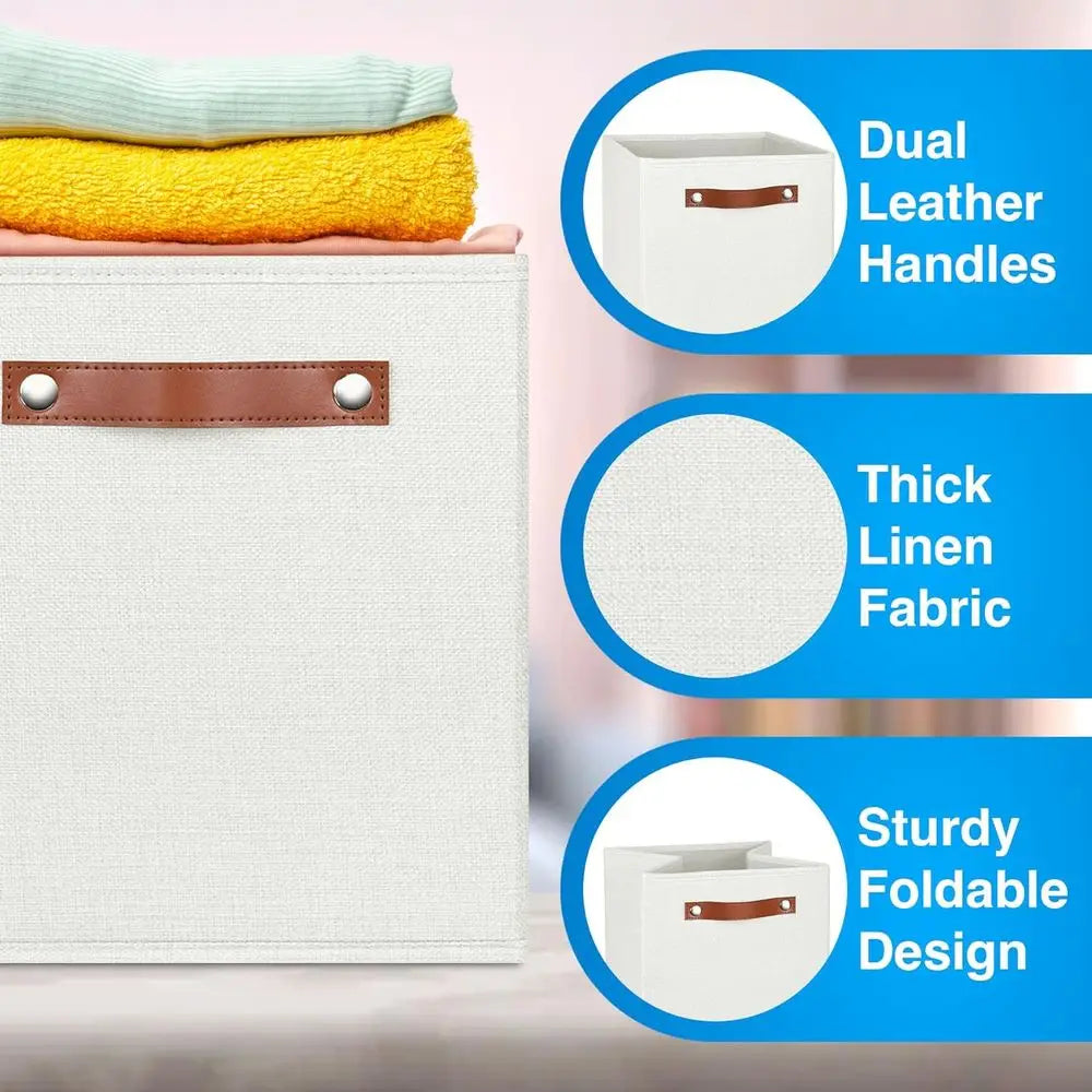 13x13 Storage Cubes .6 Pack Foldable Linen Fabric Storage Bins with Handles for Closet, Shelves & Home Organization